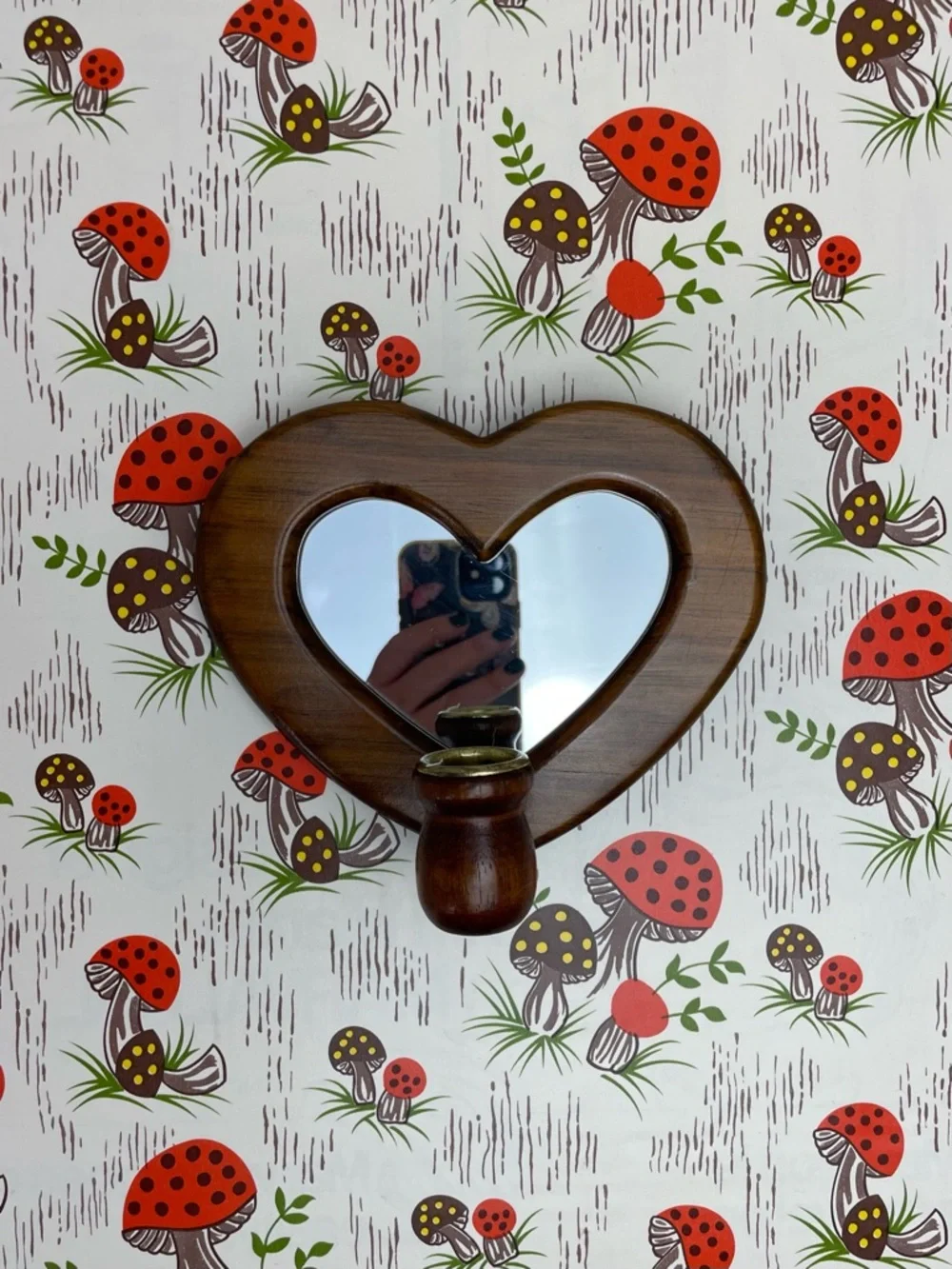 Vintage Wooden Heart Shaped Mirror Candlestick Holder